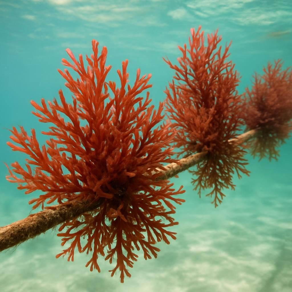 Close-up of vibrant Kappaphycus seaweed on cultivation lines in clear tropical water for commercial seaweed farming guide