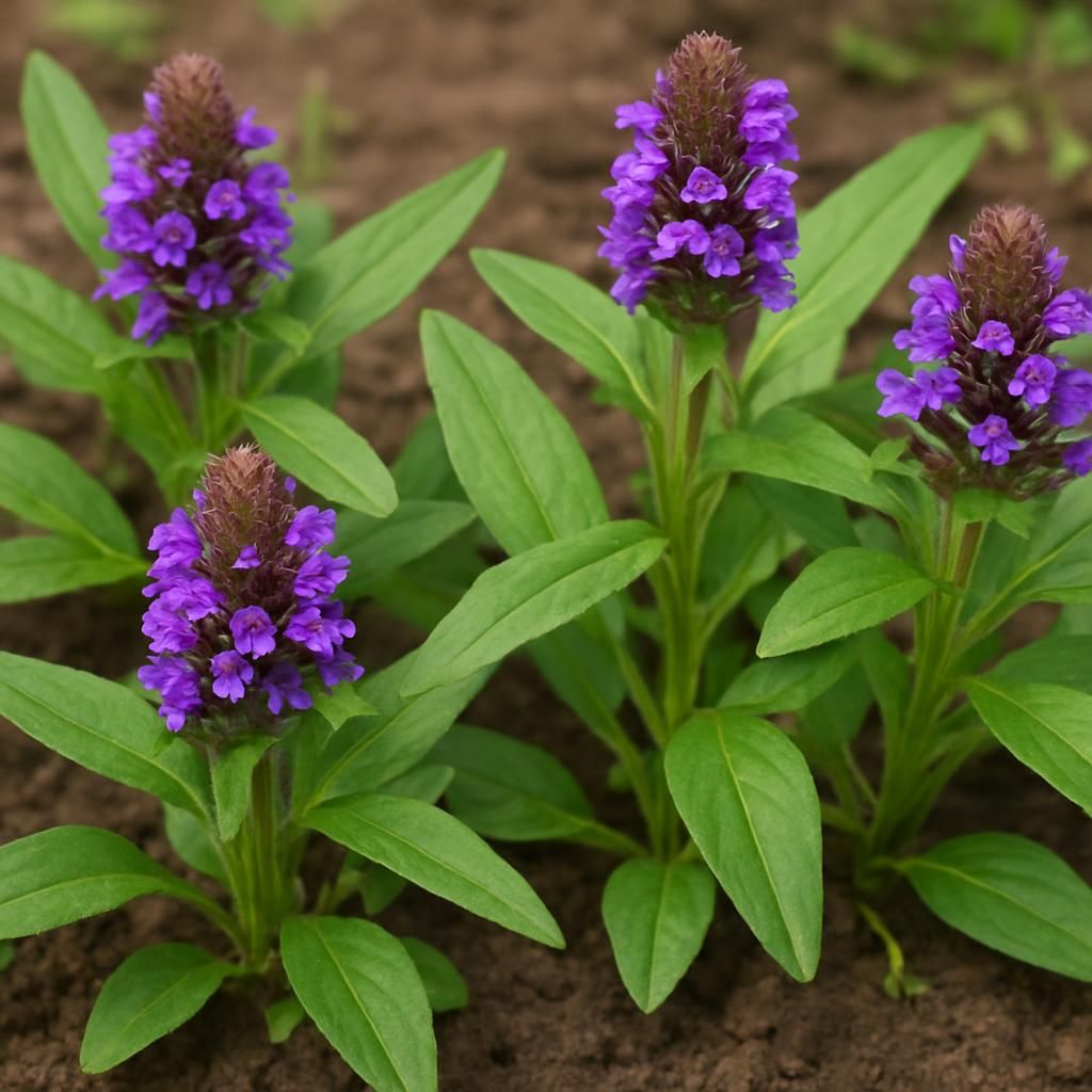 Close-up of Self-Heal (Prunella vulgaris) with purple blooms and lush green foliage in organic herb garden