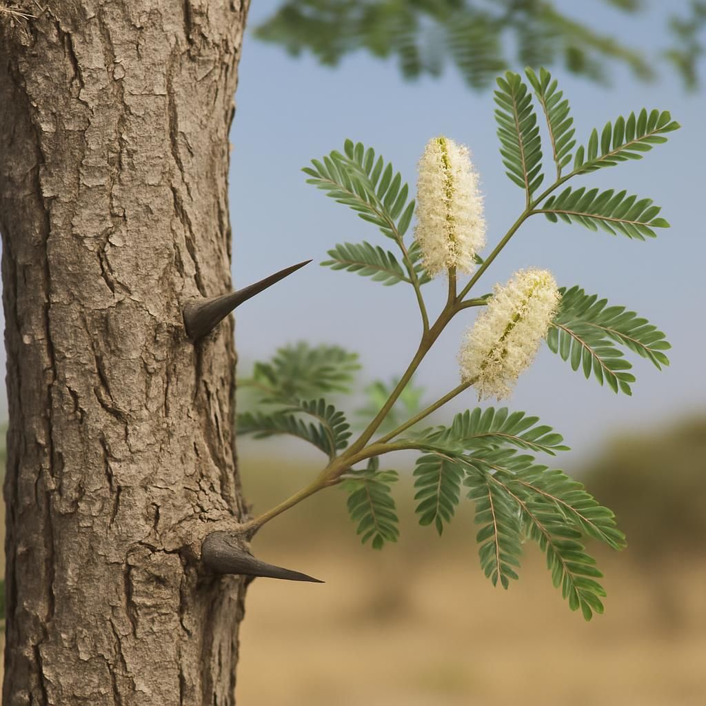 Close-up of Senegalia senegal showing bark, spines, leaves and flowers for gum arabic tree identification