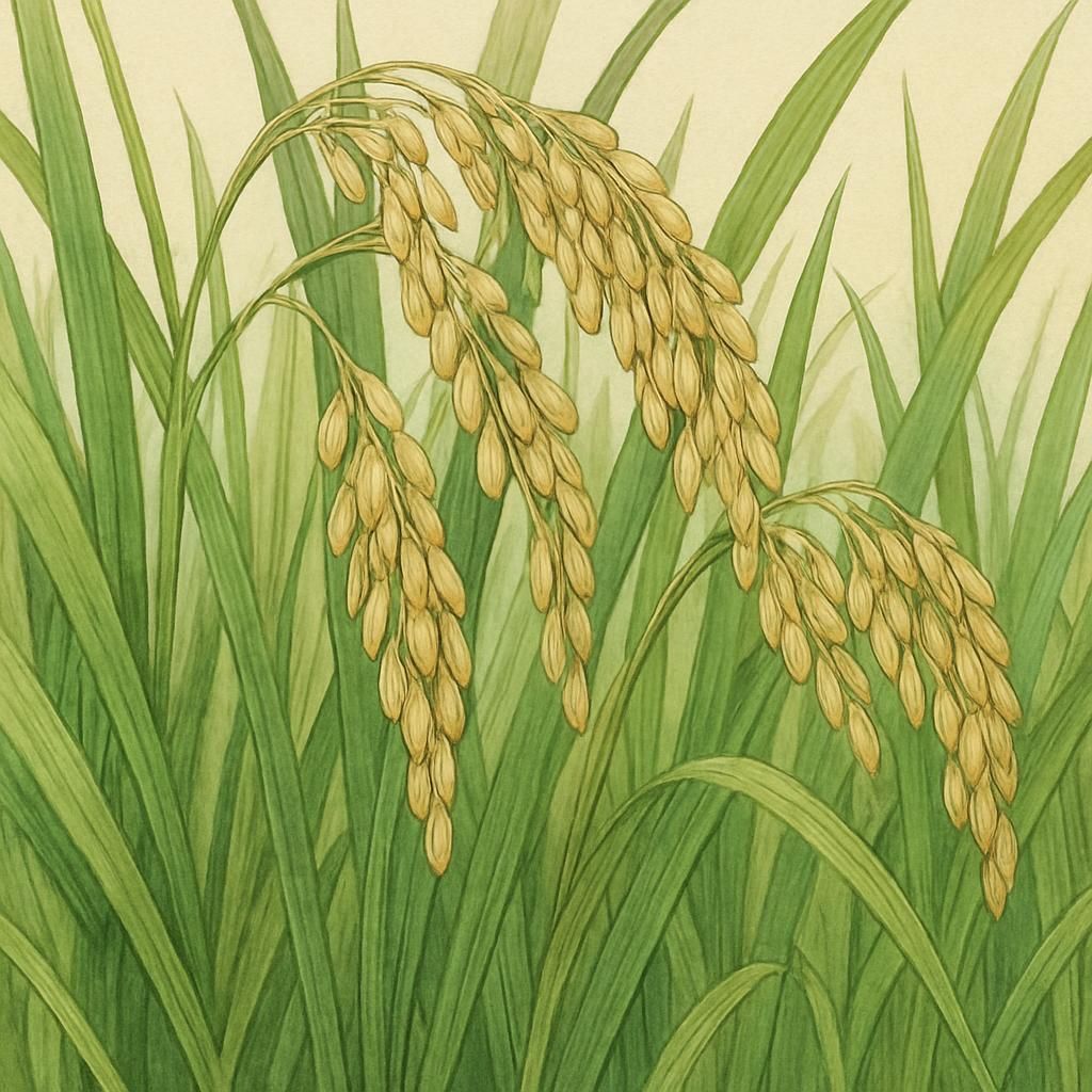 Close-up photo of Senia Rice grains in a thriving field, showcasing the crop's lush greenery.