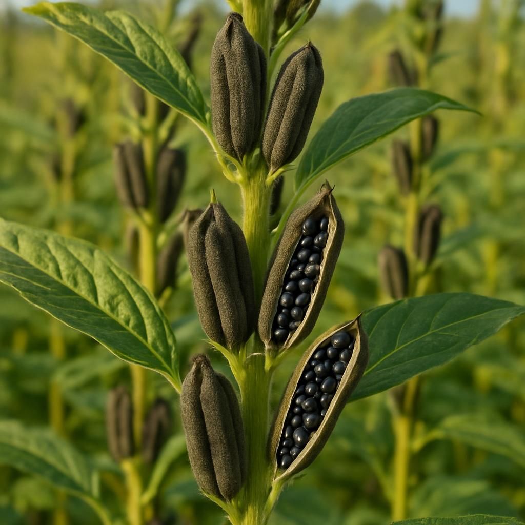 Close-up of black sesame plants with dark seed capsules ready for harvest in a sunny field