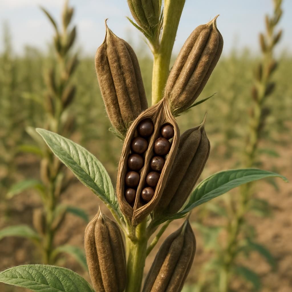 Close-up of brown sesame seed capsules ready for harvest on healthy plants in the field