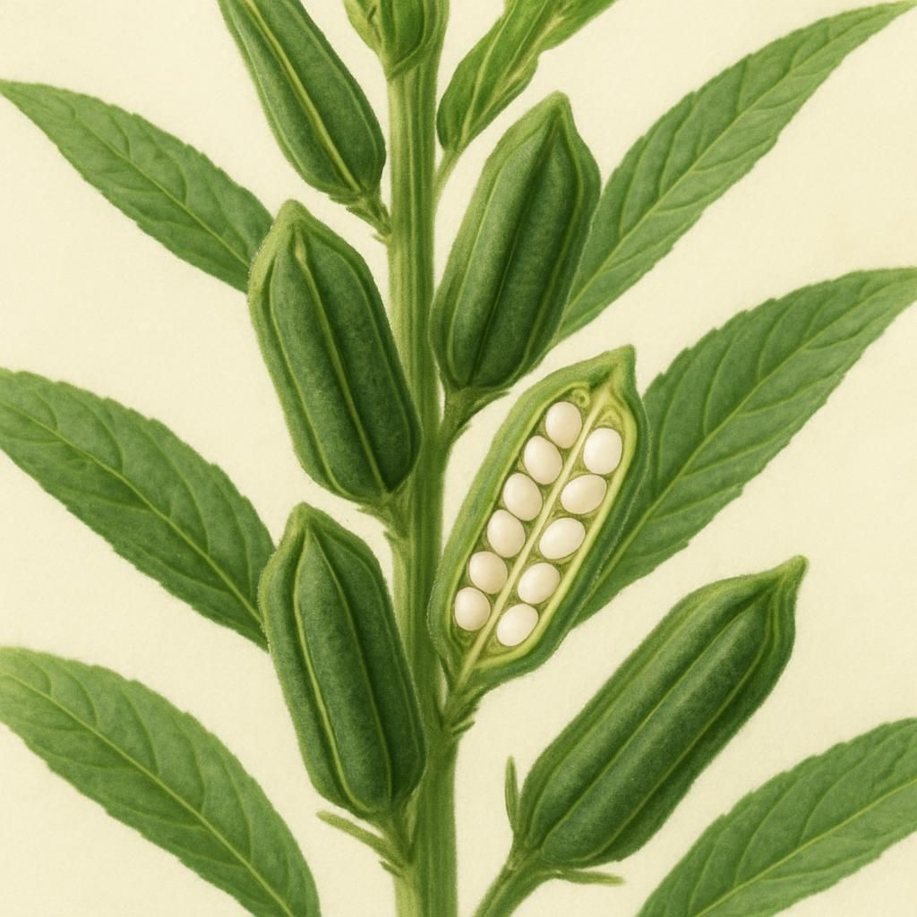 Close-up of white sesame seed capsules on healthy plants ready for harvest