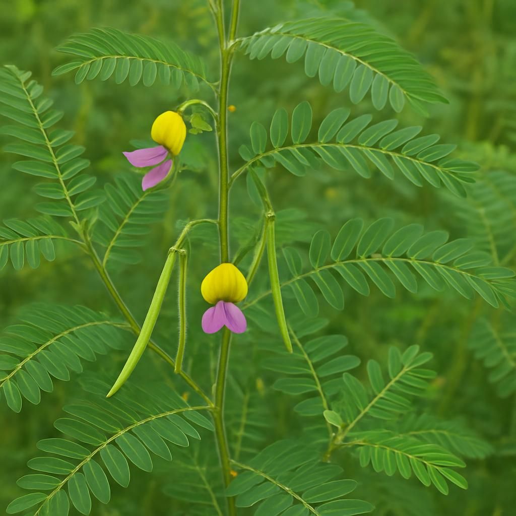 Close-up of Sesbania (cowpea) plants showing leaves, flowers and pods in a fertile tropical field