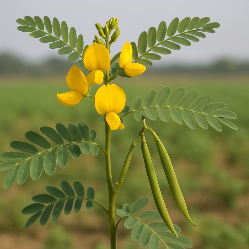 Sesbania sesban shrub showing yellow flowers and green foliage in a tropical field