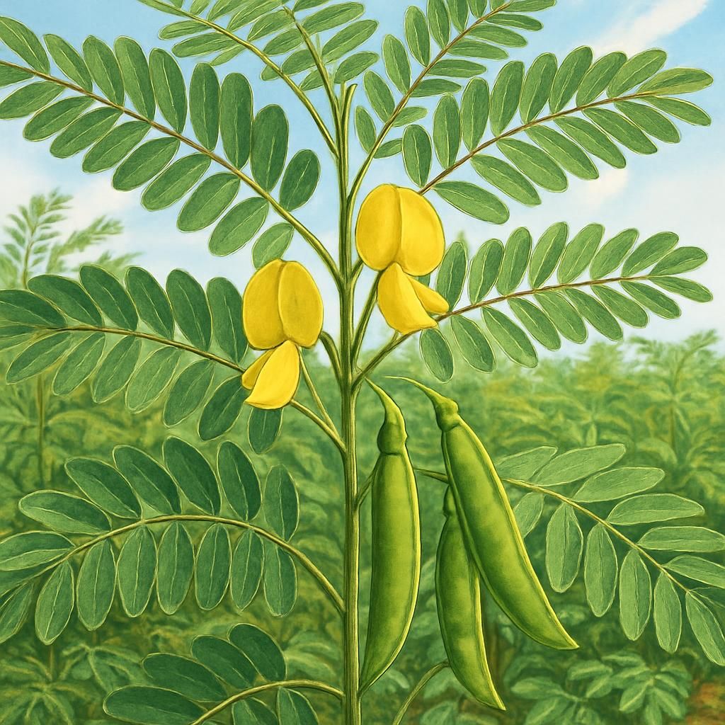 Close-up of Sesbania sesban plants with yellow flowers and green pods in a tropical agricultural field