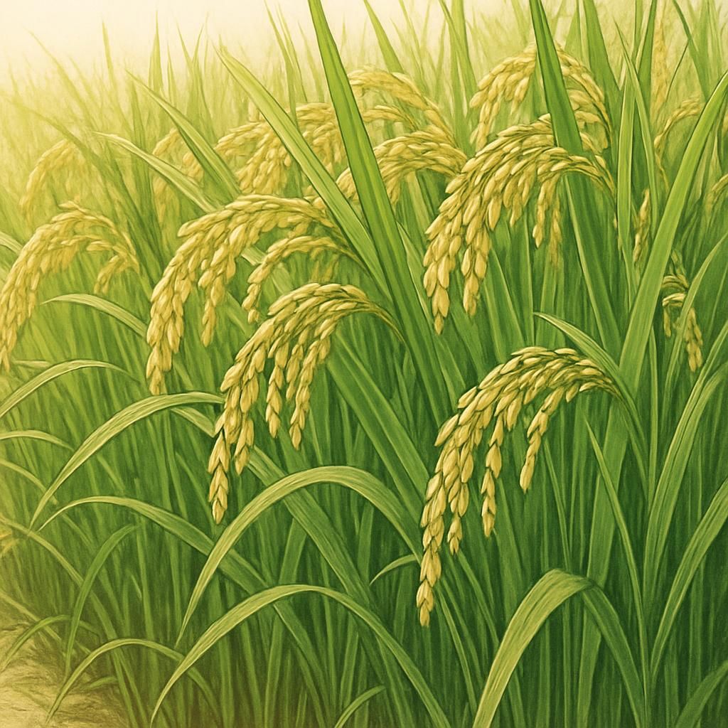 Close-up of Shail Rice paddy showing vibrant green stems and healthy grains.
