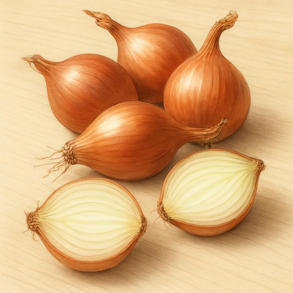 Close-up of Dutch Yellow shallots showing copper skins and layered yellow flesh on rustic wood