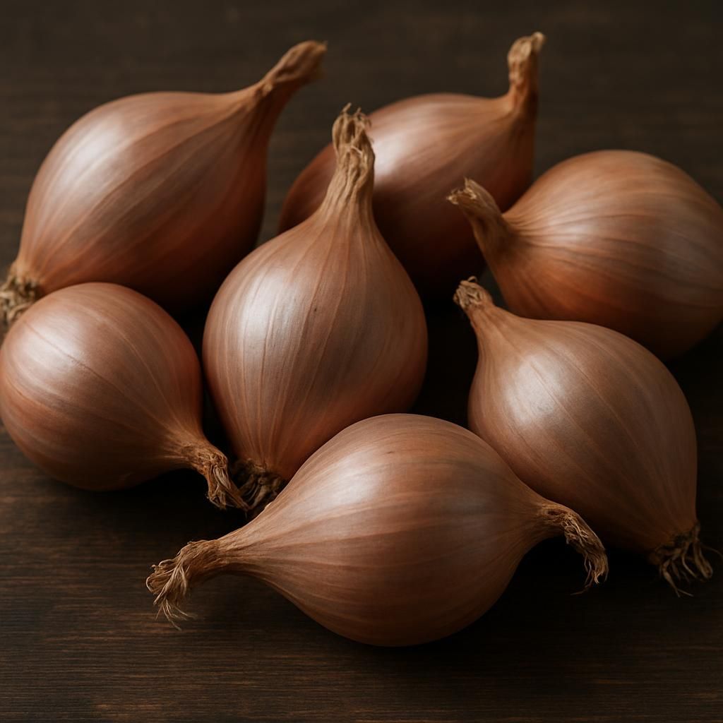 Close-up of French Grey shallots showing copper-grey skins and clustered bulbs on wooden surface