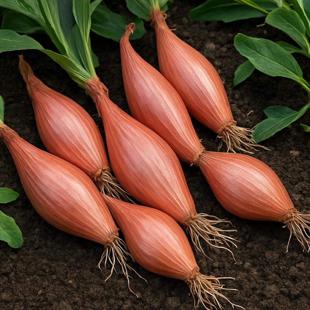 Close-up of copper-pink Zebrune shallots on soil showing elongated torpedo shape and healthy green tops