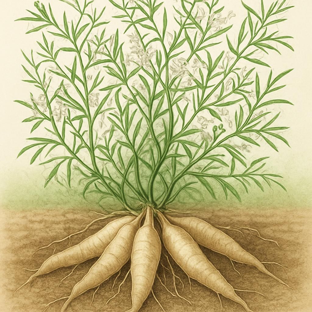 Close-up of Shatavari Root vines and harvested tuberous roots in commercial field setting