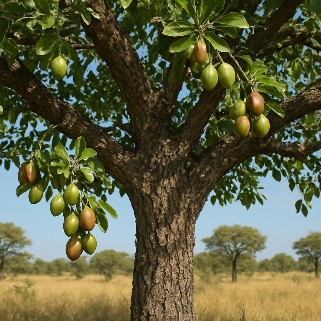 Mature shea nut tree with ripening fruits and textured bark in African savanna