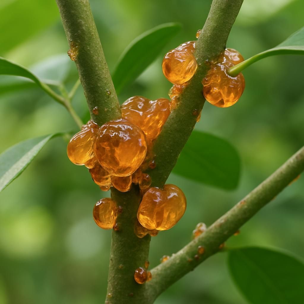 Close-up of natural amber shellac resin on host tree branches for commercial lac cultivation guide