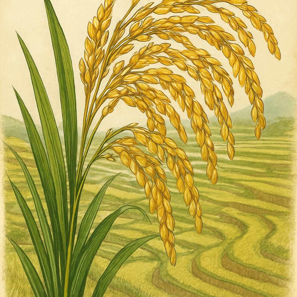Close-up of Sherpa Rice grains in a terraced rice field at high altitude.