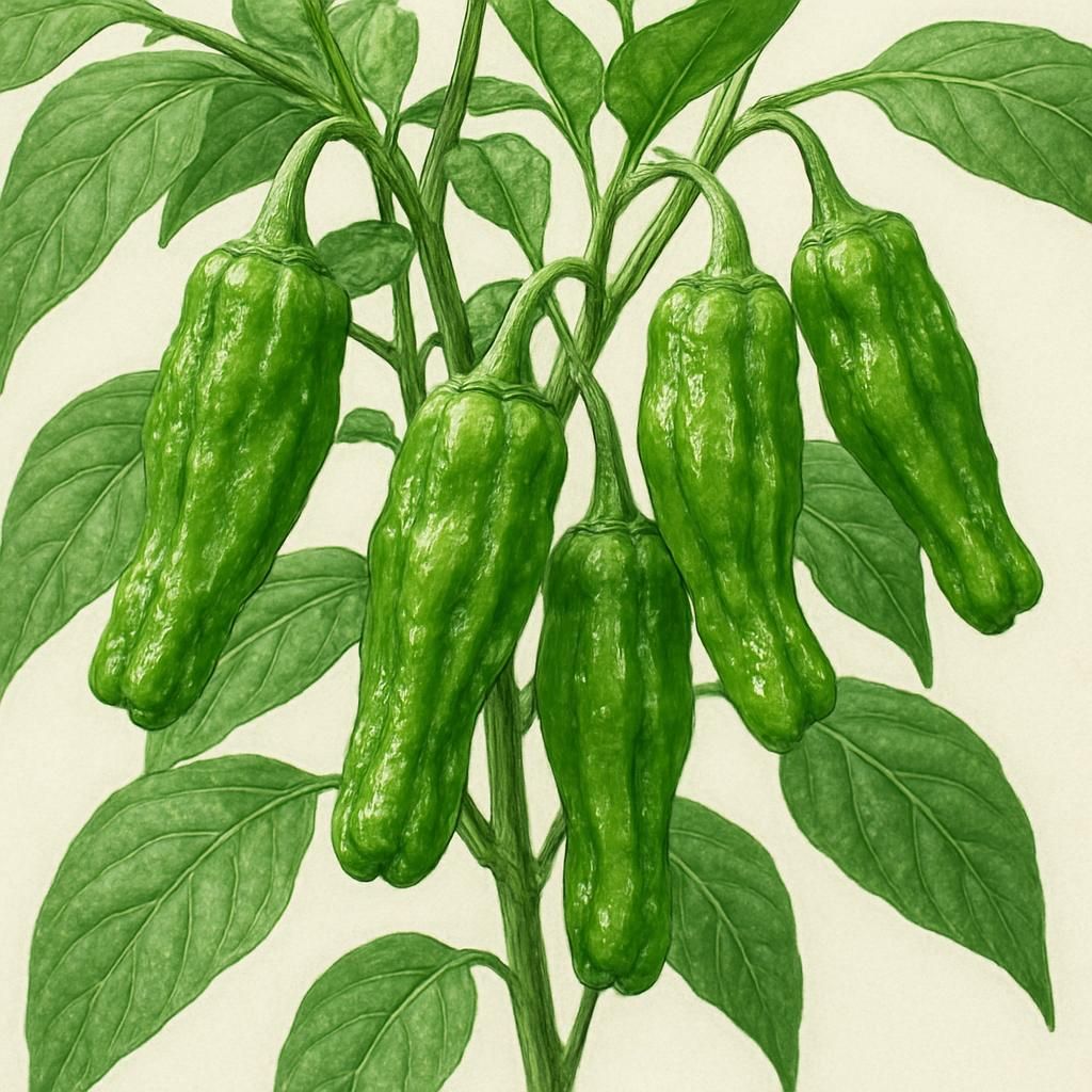 Close-up of fresh green Shishito Lion Head peppers on the plant ready for harvest