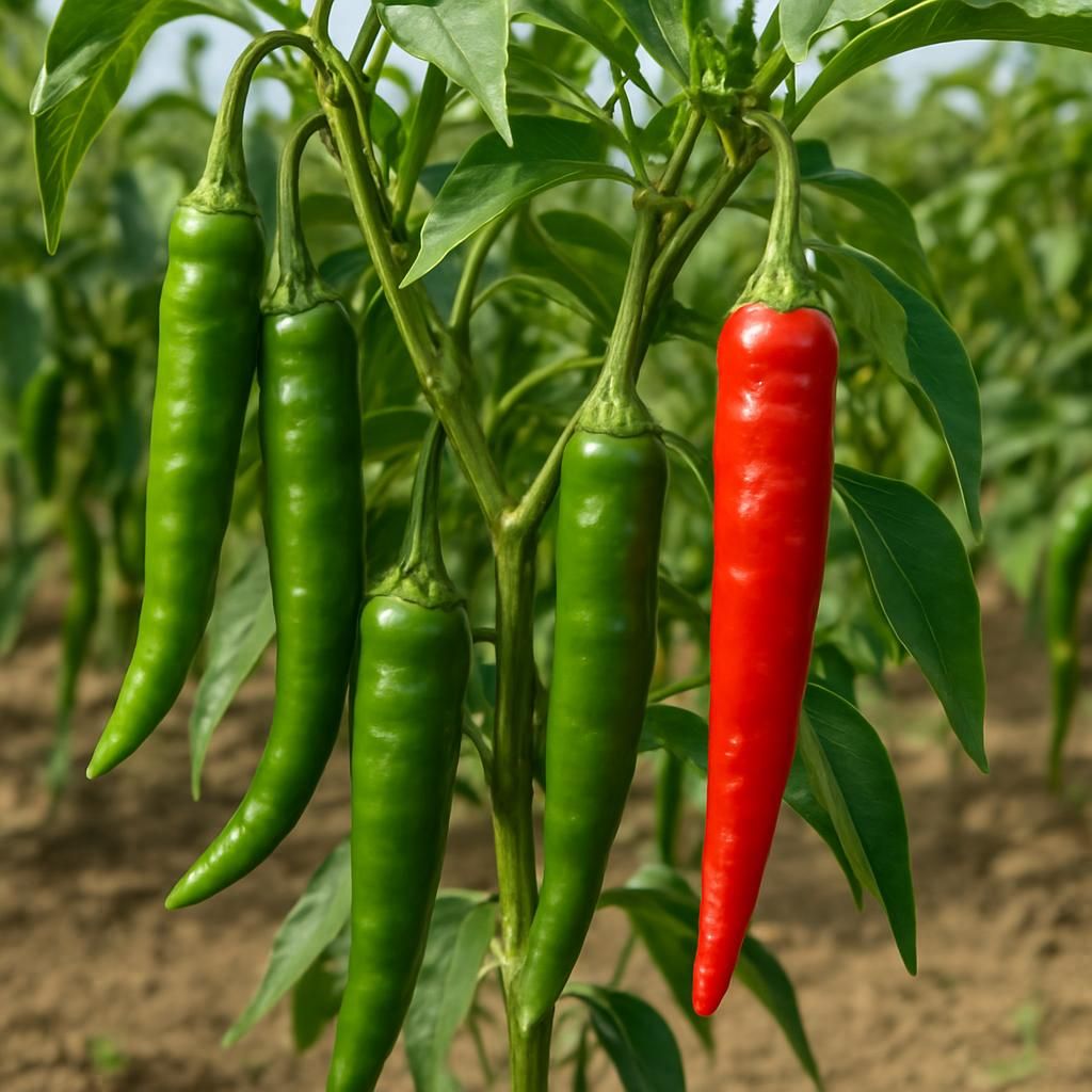 Close-up of fresh Siling Haba chili peppers on plant showing green to red maturation stages