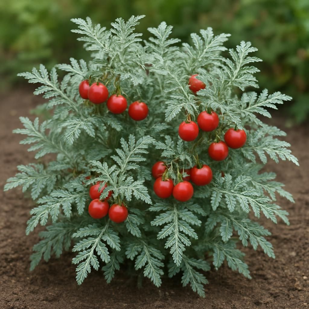 Silvery Fir Tree Tomato plant with fern-like silver foliage and clusters of small red fruits in garden setting