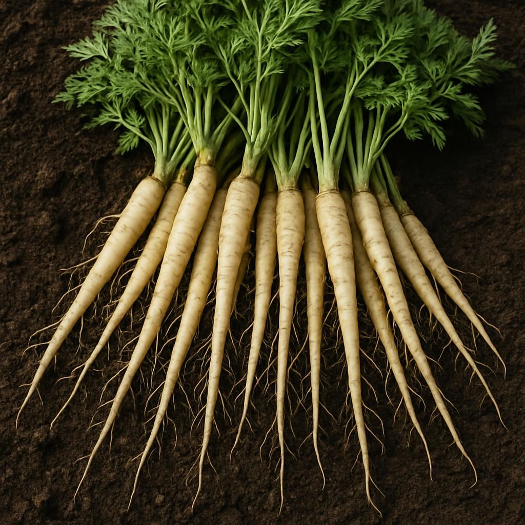 Freshly harvested clusters of white skirret roots with green tops on dark soil
