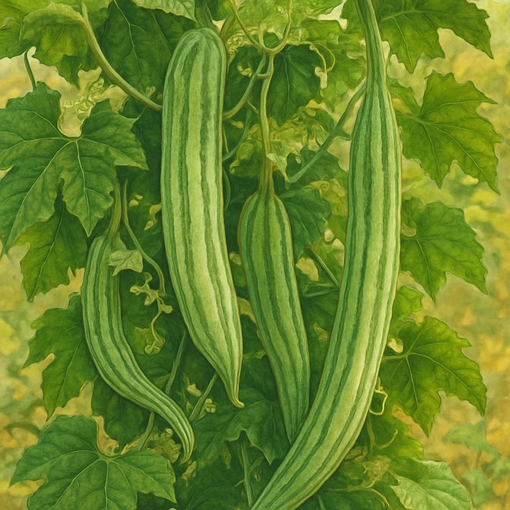 Close-up of Snake Gourd vines with elongated fruits among lush leaves in a sunny garden.
