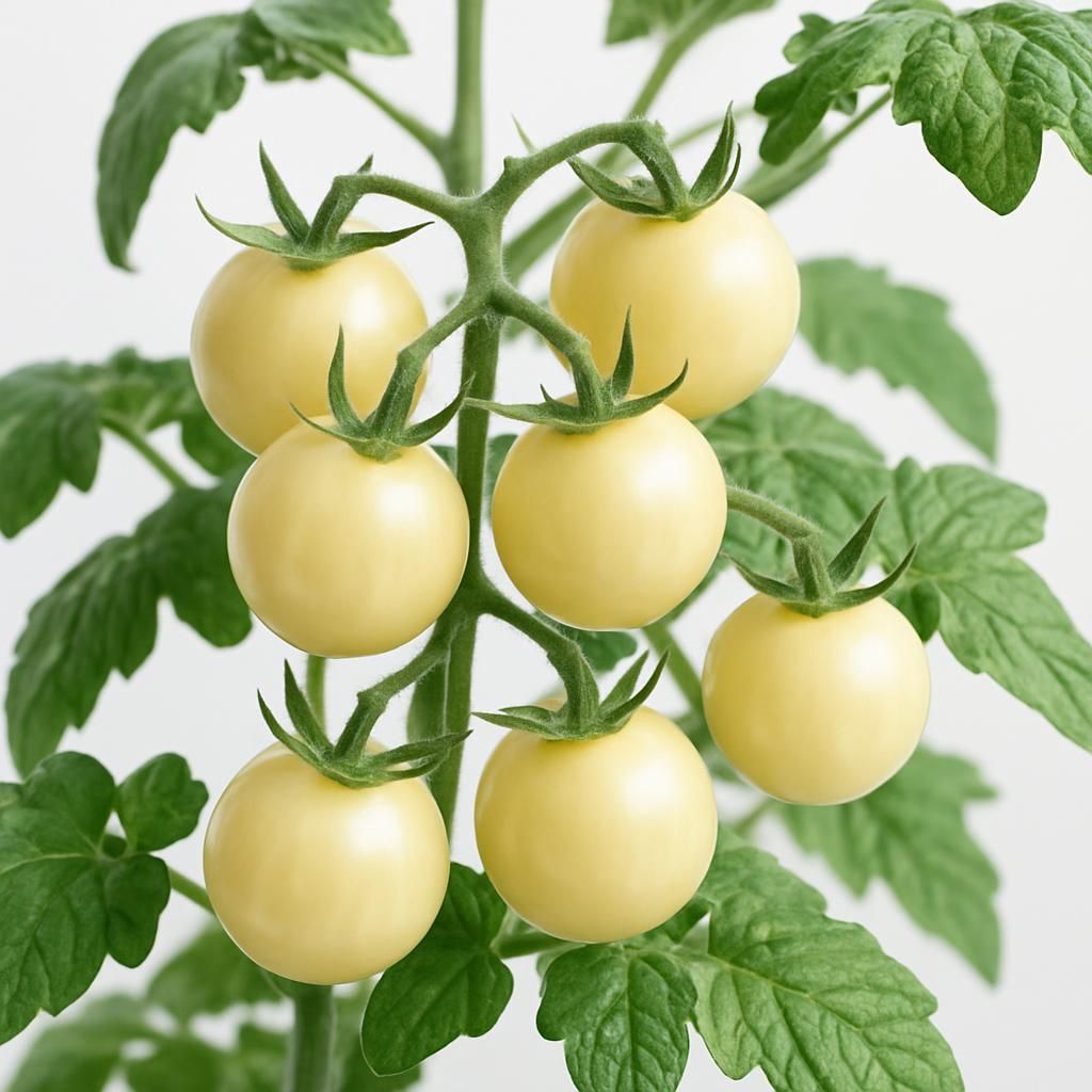 Close-up of creamy white Snow White Cherry Tomato clusters on healthy vine