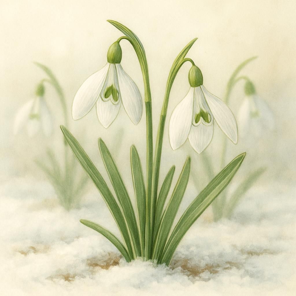 Close-up of blooming white snowdrops pushing through snow in early spring garden