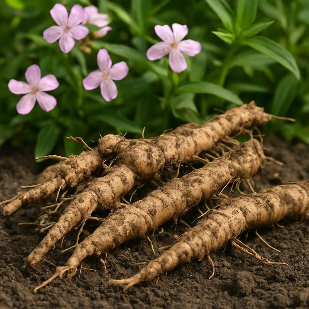 Freshly dug Soapwort Root rhizomes with pink blooms, ideal for natural soap and herbal use.