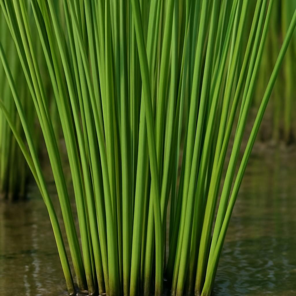 Close-up of lush green Soft Rush stems in saturated wetland soil for professional growing guide