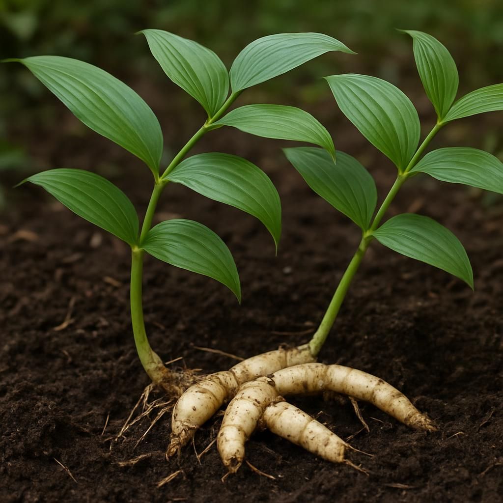 Close-up of Solomon's Seal Root plants showing arching stems and harvested rhizomes in shaded woodland soil
