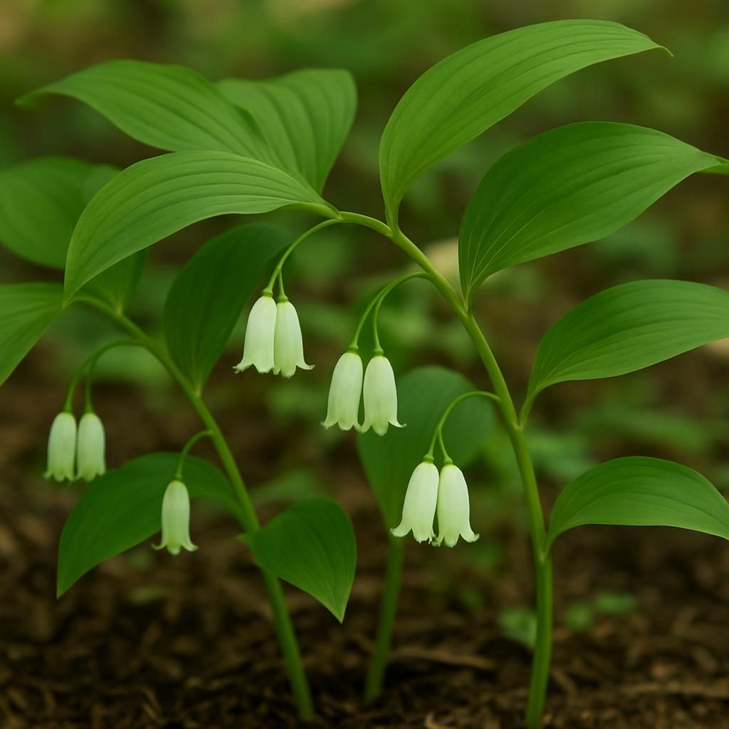 Close-up of Solomon's Seal showing arching stems, paired leaves and white flowers in shade garden