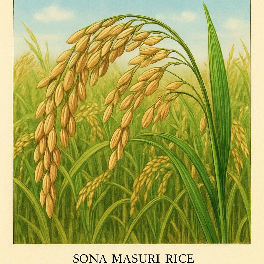 Close-up of Sona Masuri Rice grains and plants in a lush field.