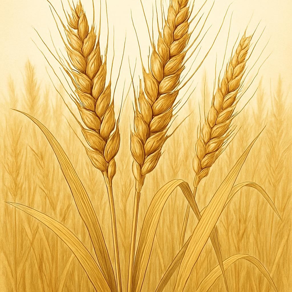 Close-up of Sonora Wheat stalks with golden hues in a field under clear skies.