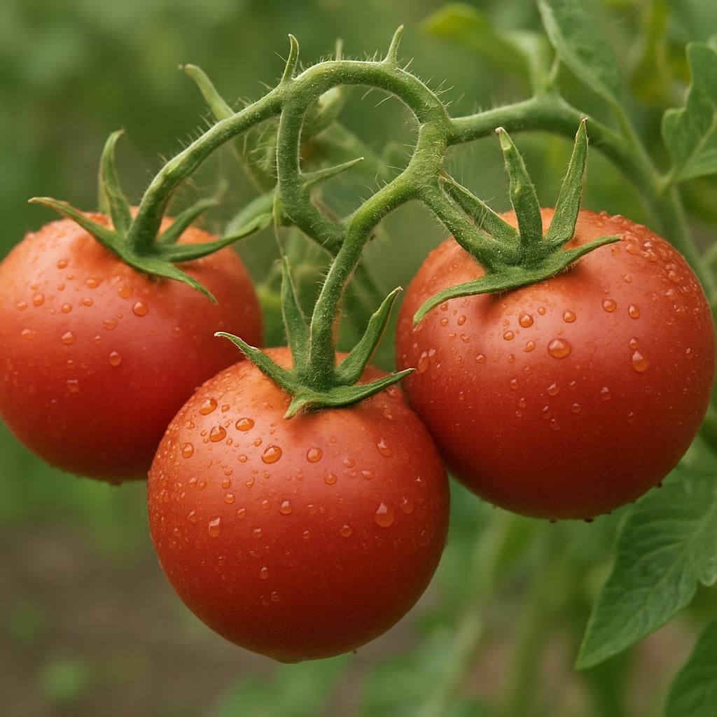 Ripe Sophie's Choice Tomatoes growing on compact determinate vines in a raised garden bed