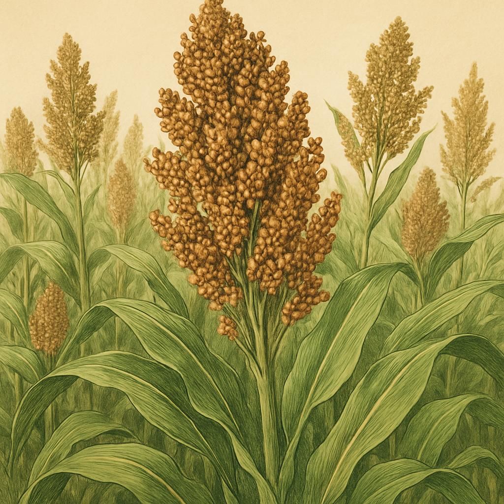 Sorghum (Hegari) field with mature grains ready for harvest under a sunny sky.