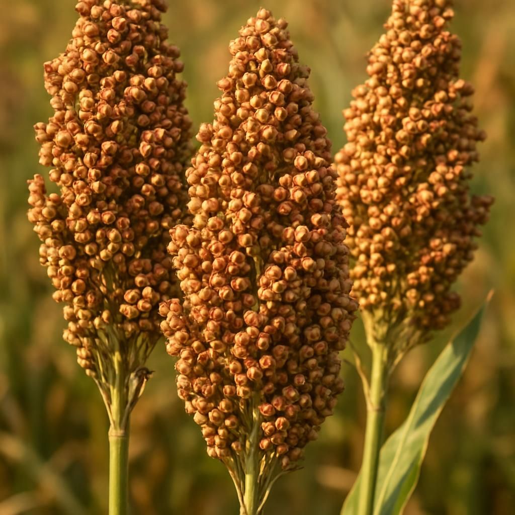 Close-up of Sorghum (Milo) grain heads displaying their texture and color in a field.