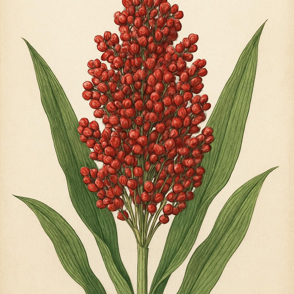 Close-up of Red Feterita Sorghum with red grains and green stalks in a field.