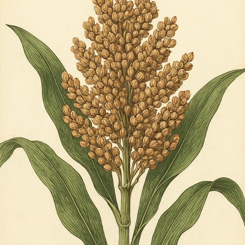 Close-up of a Sorghum stalk with ripe grain clusters swaying under the sun.