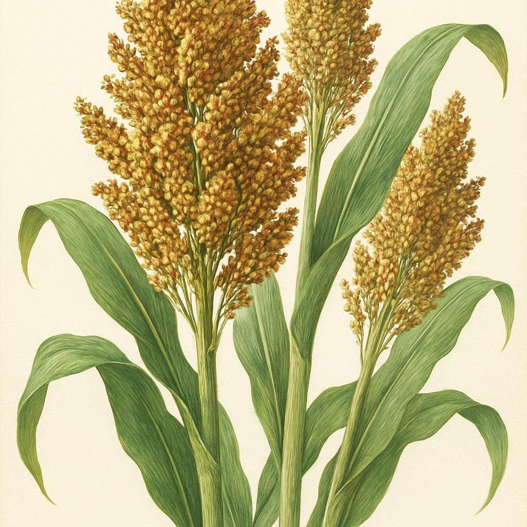 Close-up image of Sorghum 'Sweet Sugar Drip' with tall green stalks and lush seed heads.