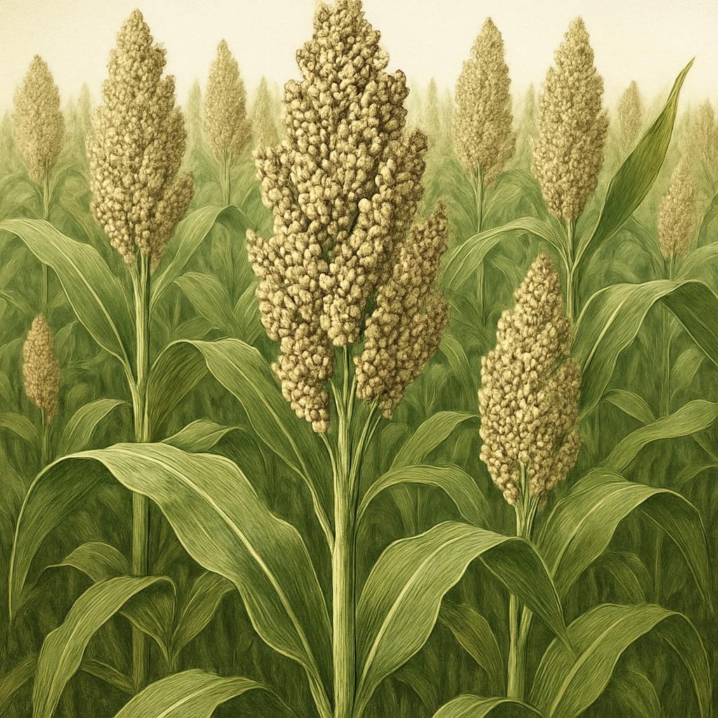 Close-up of lush Sorghum (White Kafir) stalks with grain heads under a clear sky.