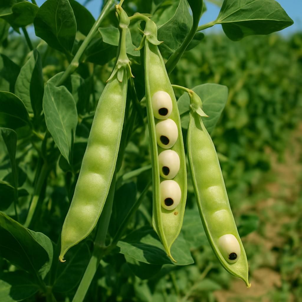 Close-up of Southern pea pods on Vigna unguiculata plants showing cream seeds with black eyes ready for harvest