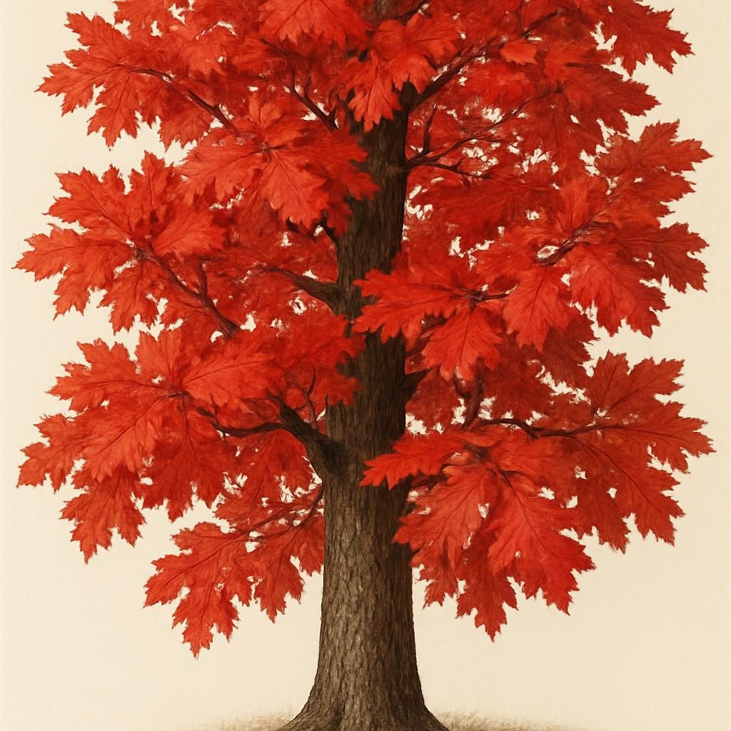 Southern red oak tree with red autumn foliage and acorns in a managed woodland setting
