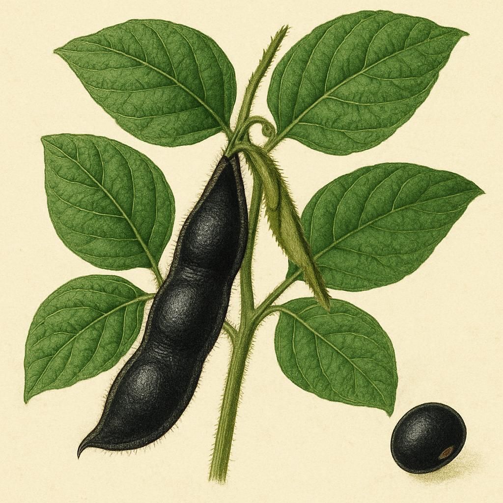 Soy Bean (Black Jet) with distinct black seeds and green foliage.