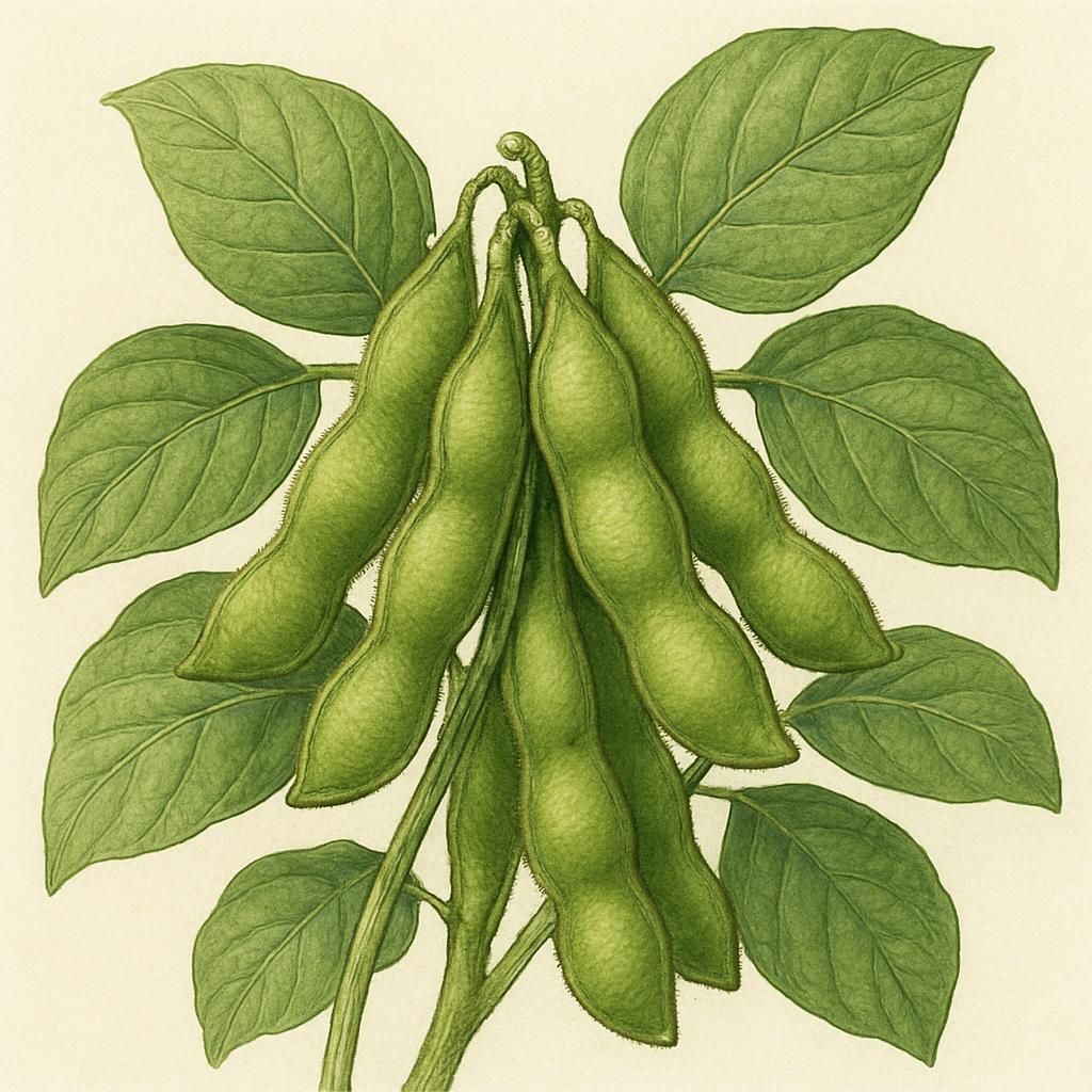 Close-up of fresh green Soy Bean (Envy Edamame) pods on the plant.