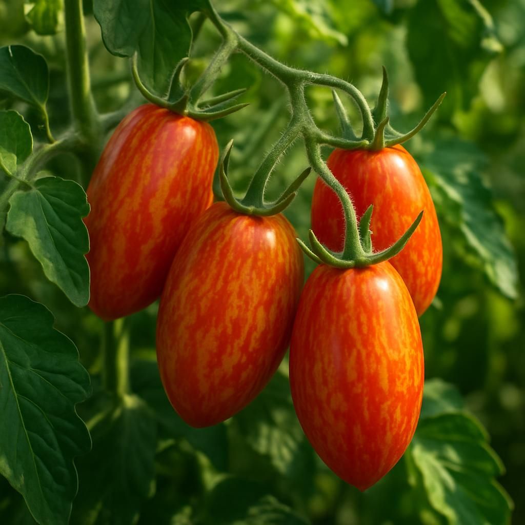 Ripe Speckled Roman tomatoes on the vine showcasing red-orange speckled skin and vigorous green foliage