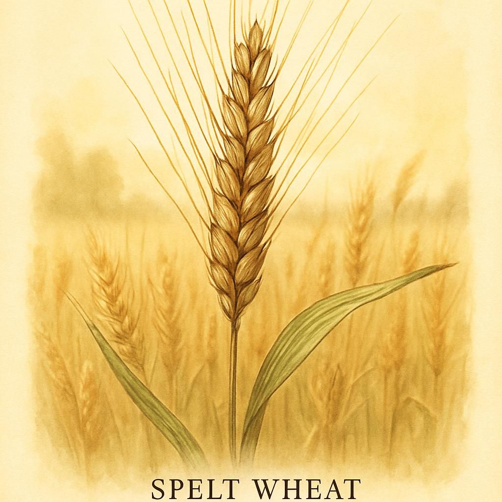 Close-up photograph of Spelt Wheat (Oberkulmer) with grains in protective husks, grown organically.