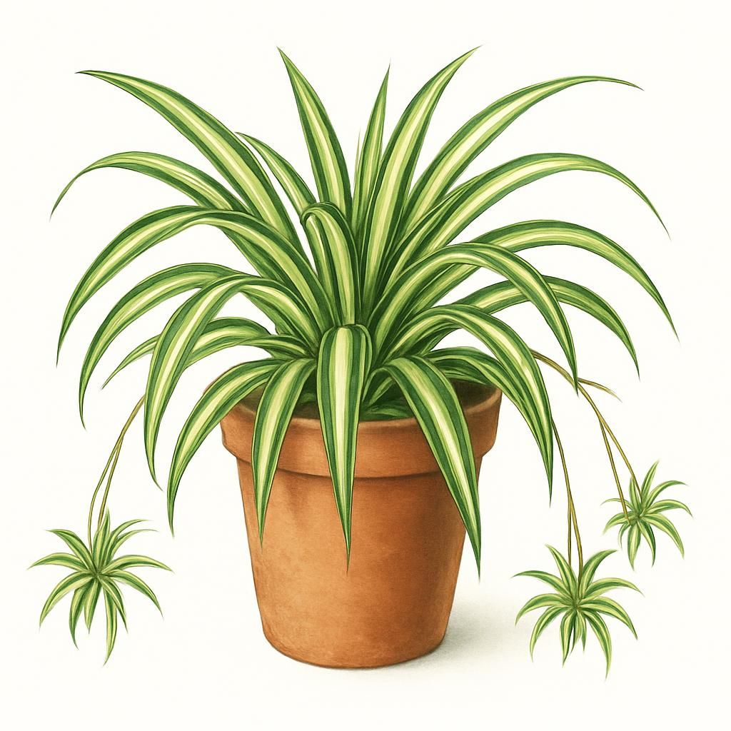 Close-up of variegated spider plant with cascading plantlets in terracotta pot under bright indirect light