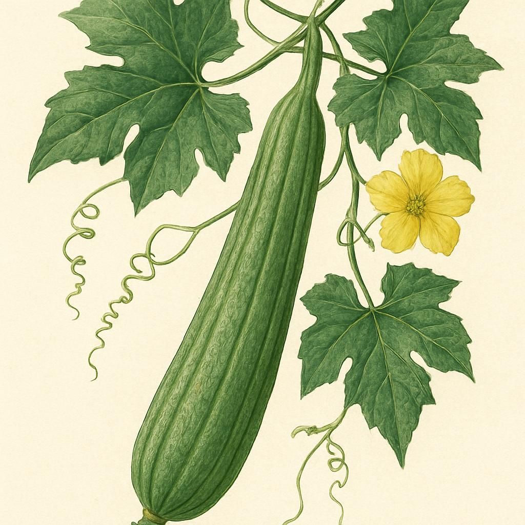 Close-up of Sponge Gourd hanging from a vine in a lush garden setting.