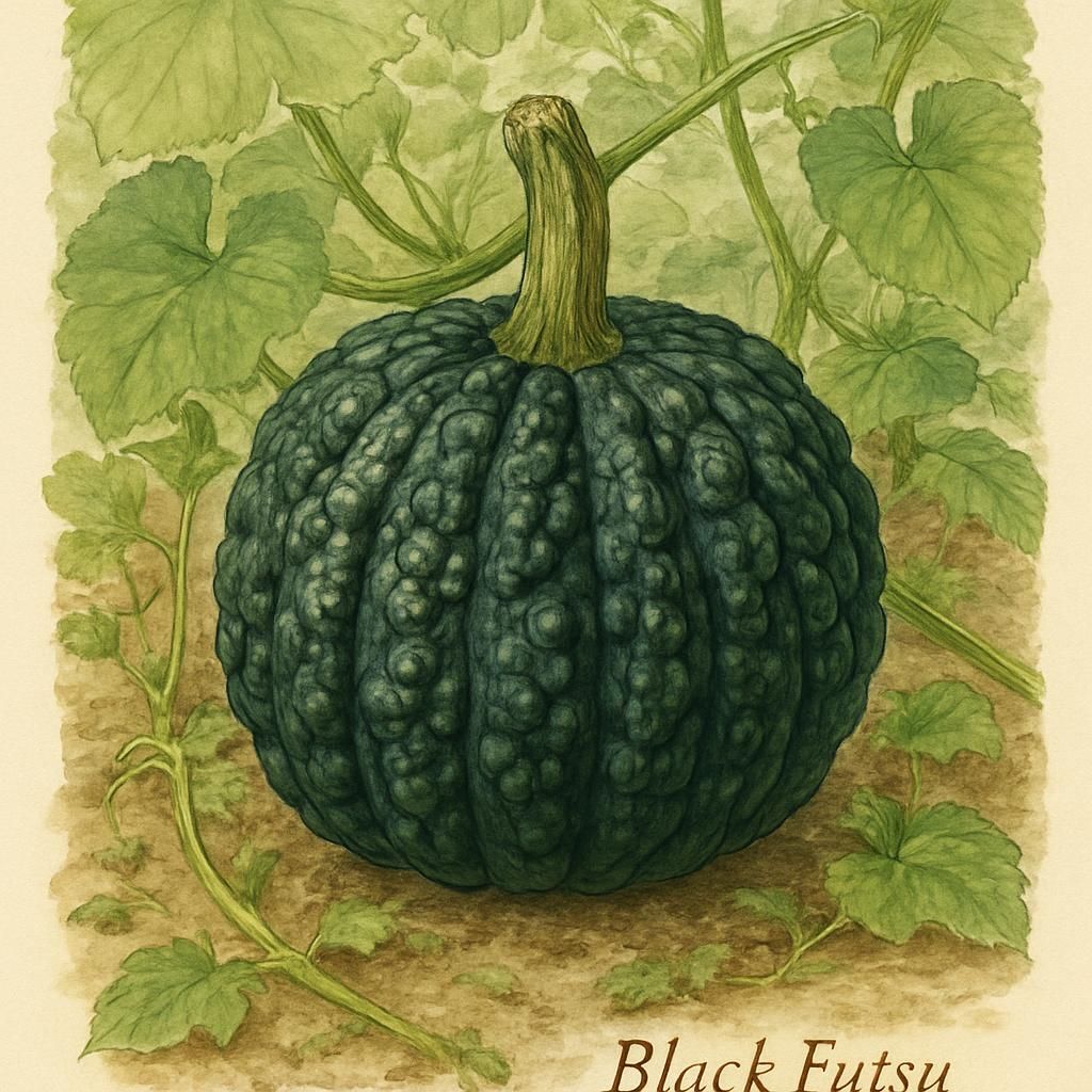 Close-up of Black Futsu squash on the vine, showcasing its rough, tan skin and foliage