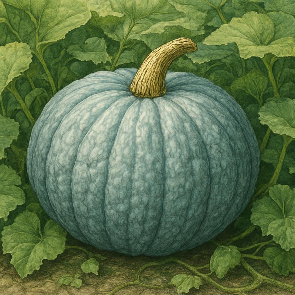 Close-up of Blue Hubbard squash showing its distinctive bluish-gray rind and large size growing in a garden.