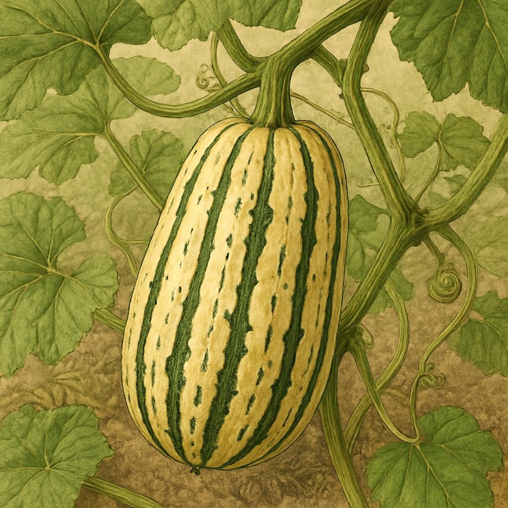 Delicata squash on a plant in a garden, displaying its cream color with green stripes.