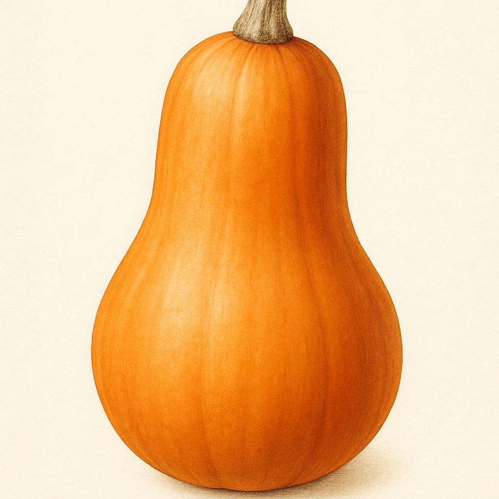 Close-up of a ripe Honey Nut Butternut squash with smooth, orange skin, ready for harvest.